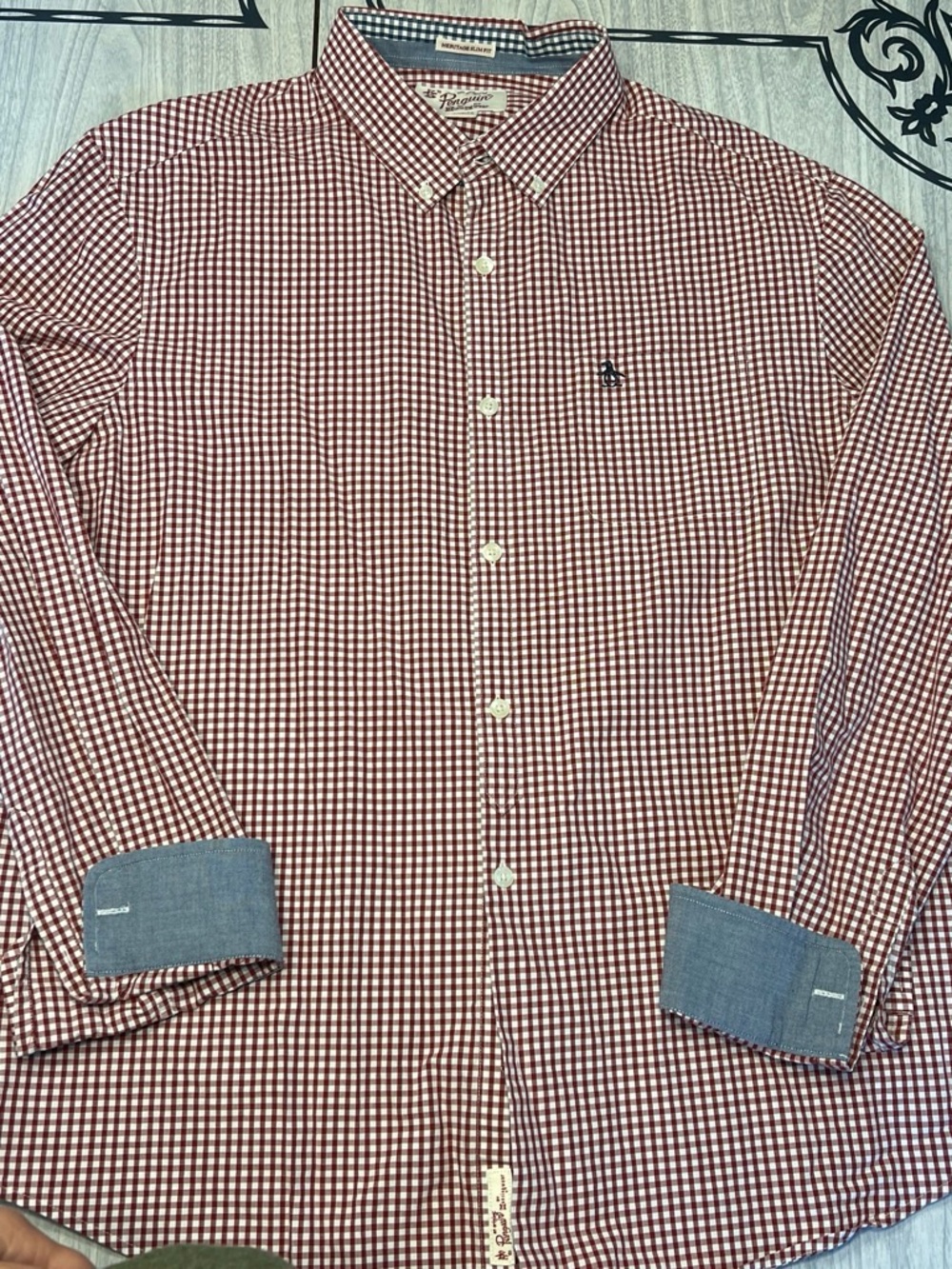 Original Penguin Men’s XL Burgundy Gingham Check Long Sleeve Button Down Shirt